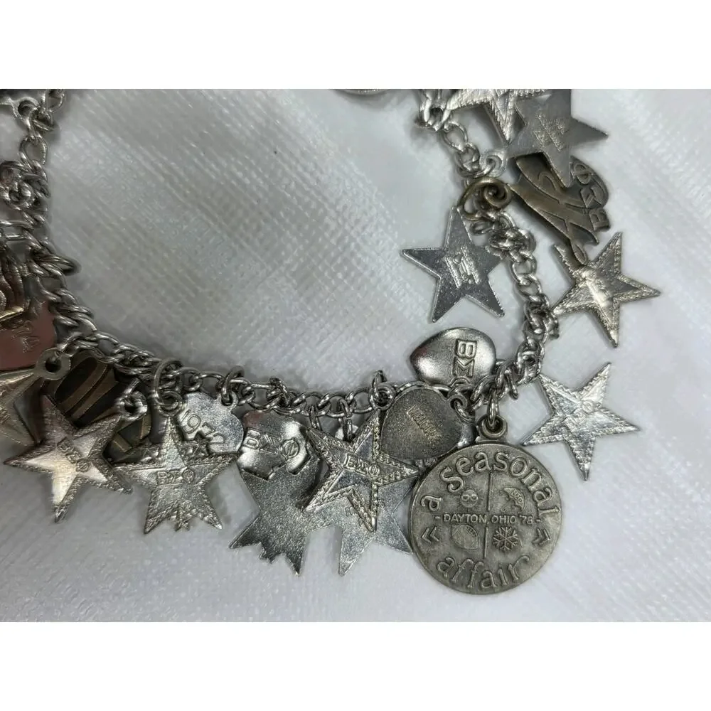 Vintage Beta Sigma Phi Sorority Charm Bracelet Silver Tone Enamel Stars Rose
